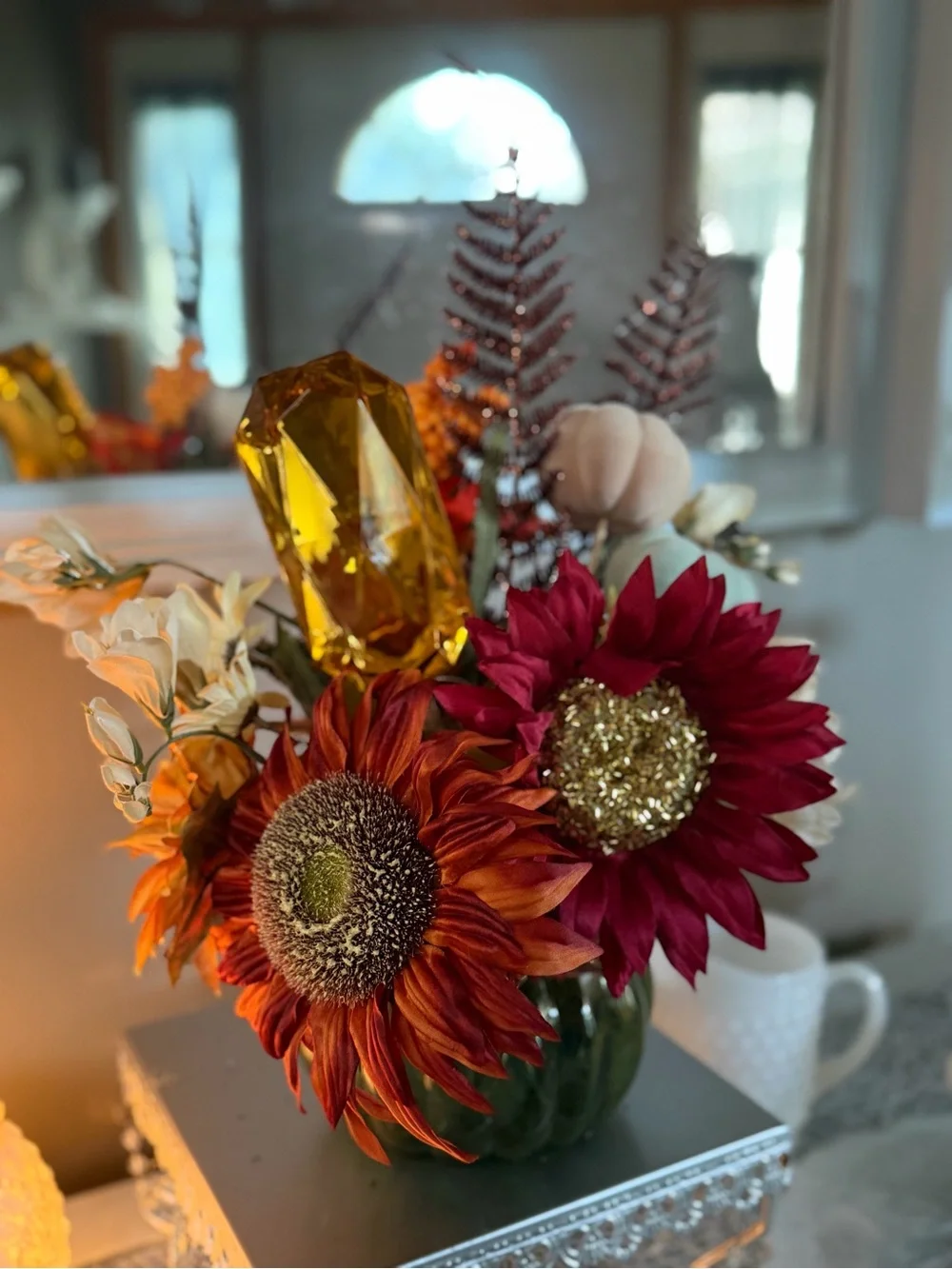 Autumn Sunflower Floral Arrangement - Red & Orange Fall Centerpiece& Amber Gem